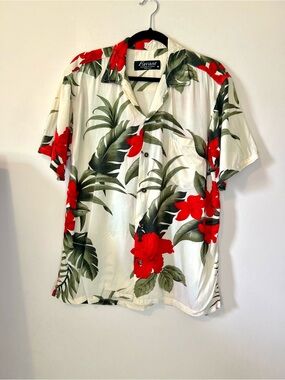 Favant Men's Hawaiian Shirt Size M 100% Rayon Red Hibiscus Tropical Aloha Friday